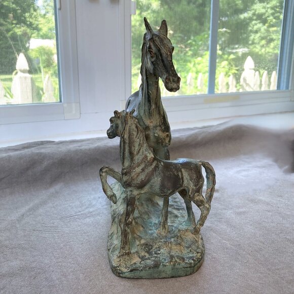 Maitland-Smith Bronze Horse Sculpture, Mare & Foal Statuette, Green Patina Brass - Picture 7 of 10